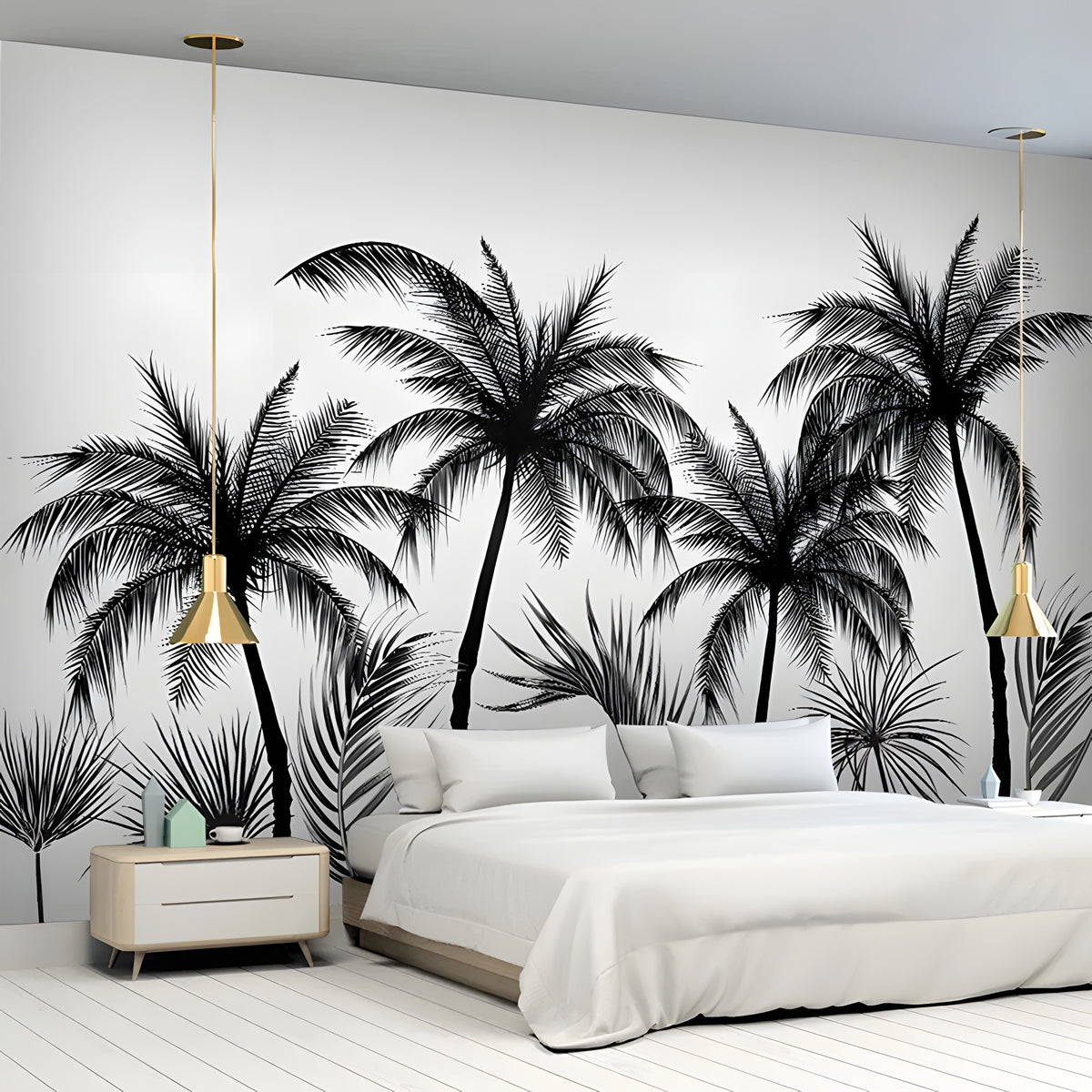 Papier peint panoramique de cocotiers noir et blanc dans une chambre lumineuse