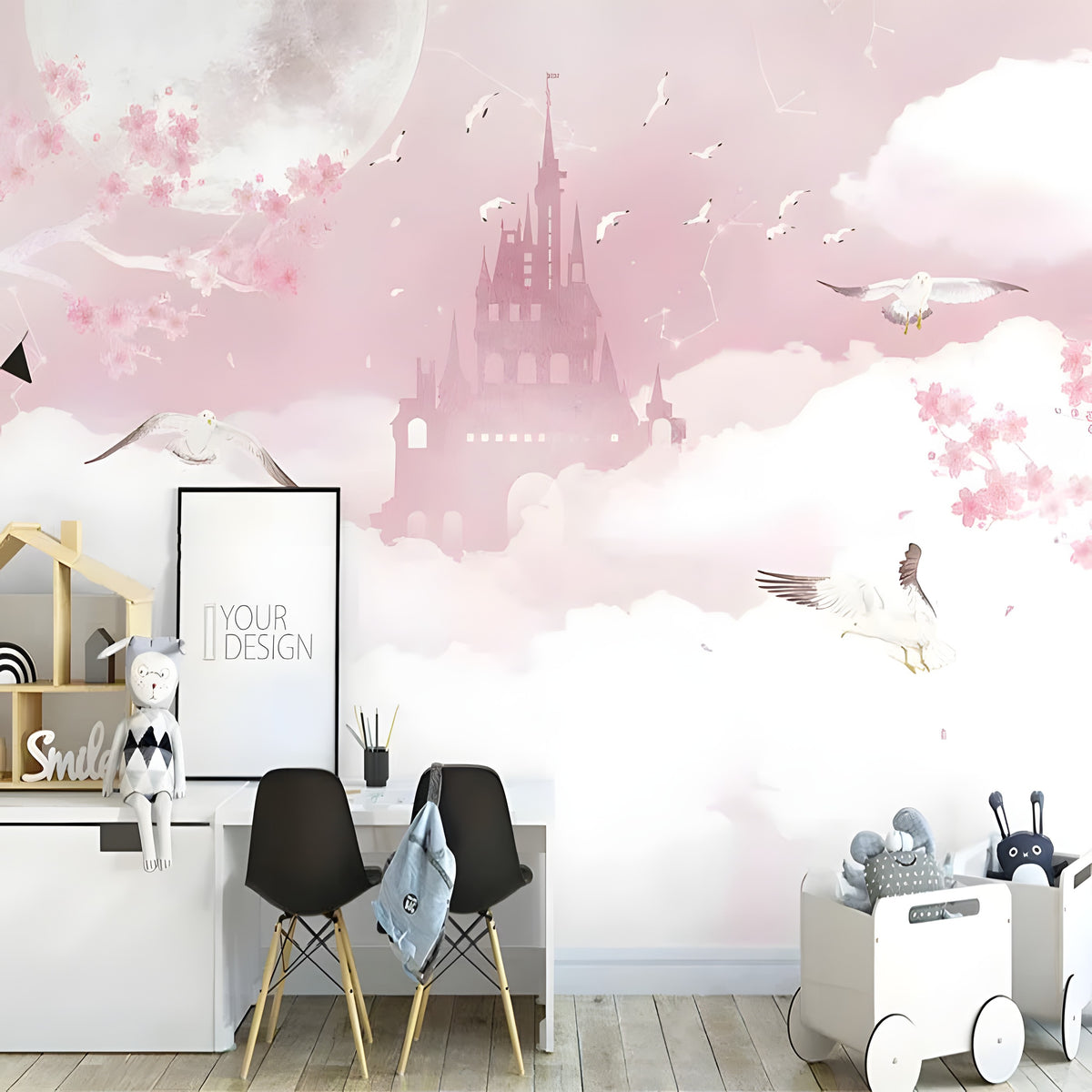 Papier peint panoramique château rose dans les nuages avec oiseaux, chambre d'enfant