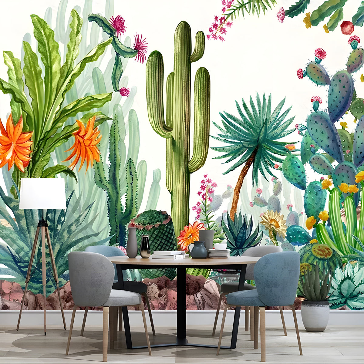 Mur de salle à manger orné de cactus et succulentes peints à l'aquarelle