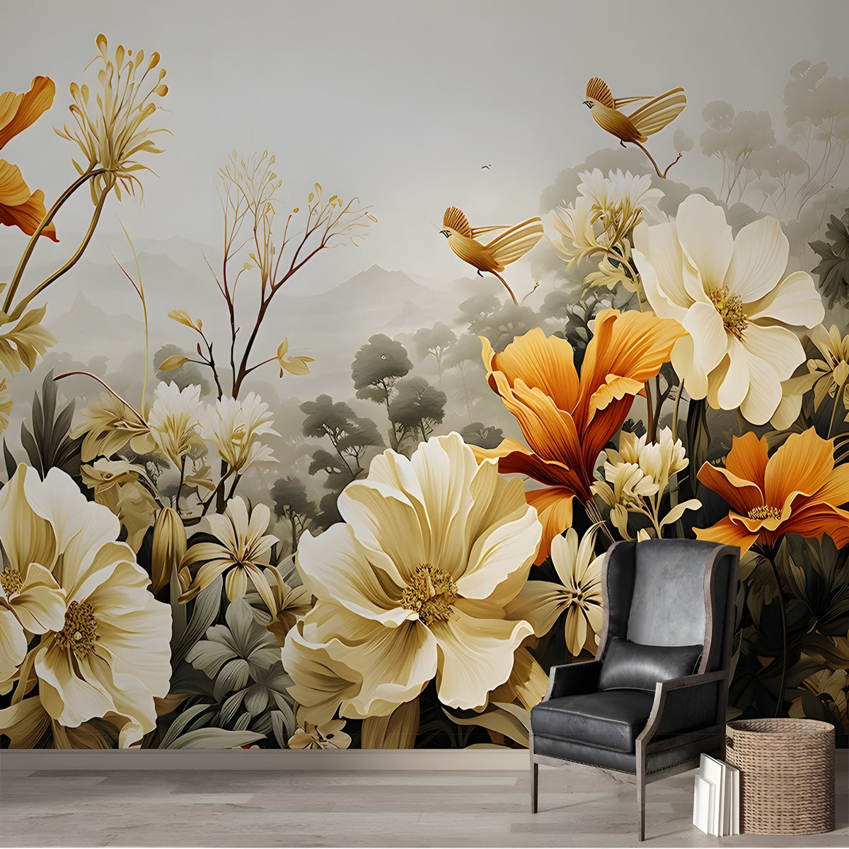 Papier peint panoramique de grandes fleurs ivoire et orangées avec oiseaux et paysage brumeux