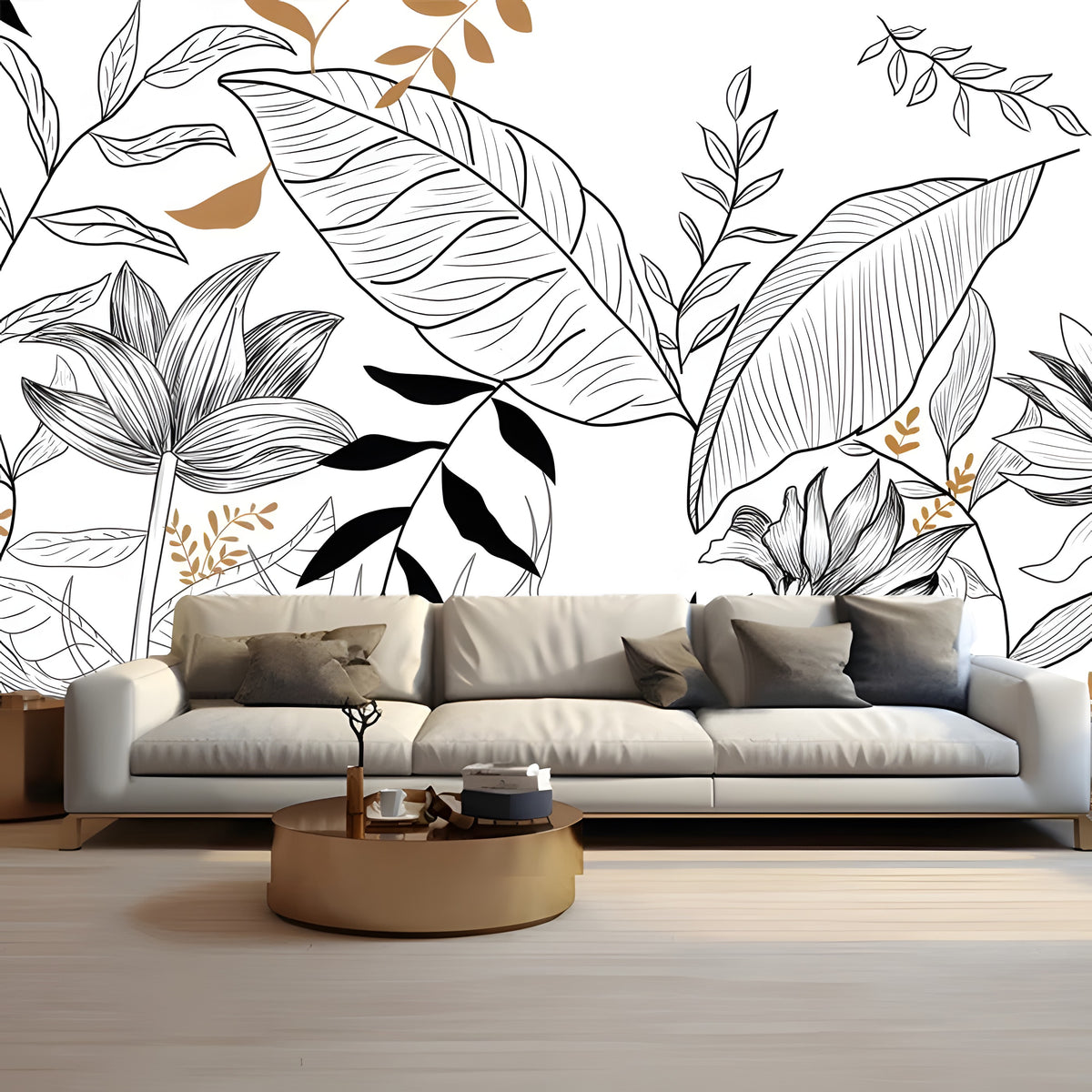 Papier peint feuillage tropical au trait noir et blanc derrière un canapé beige