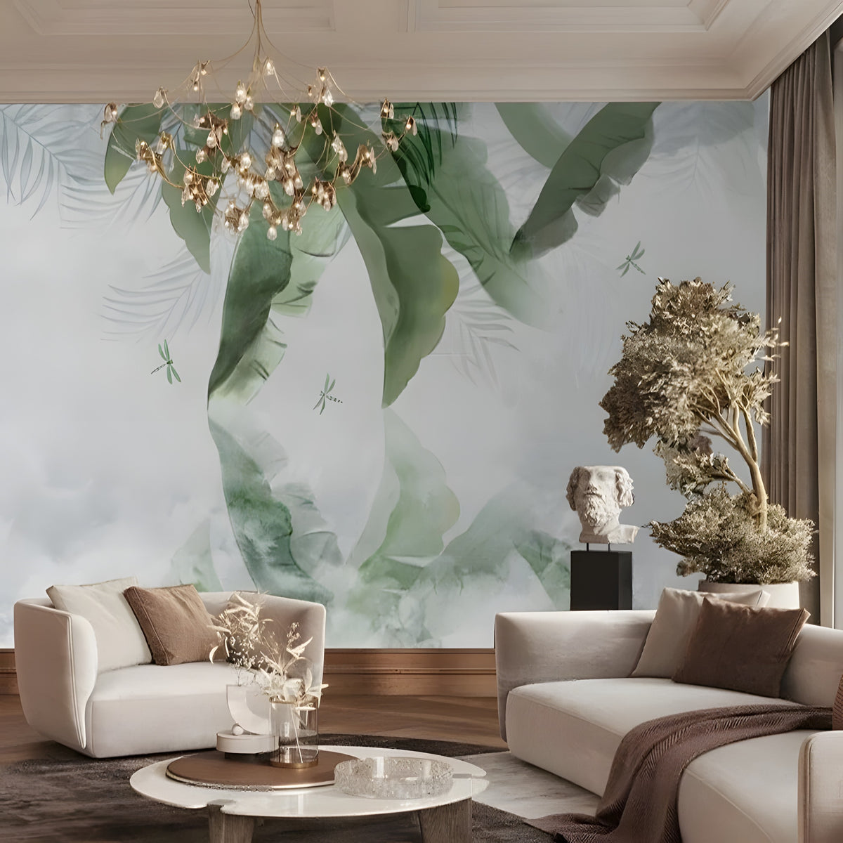 Mur de salon orné de grandes feuilles vertes aquarellées et de libellules