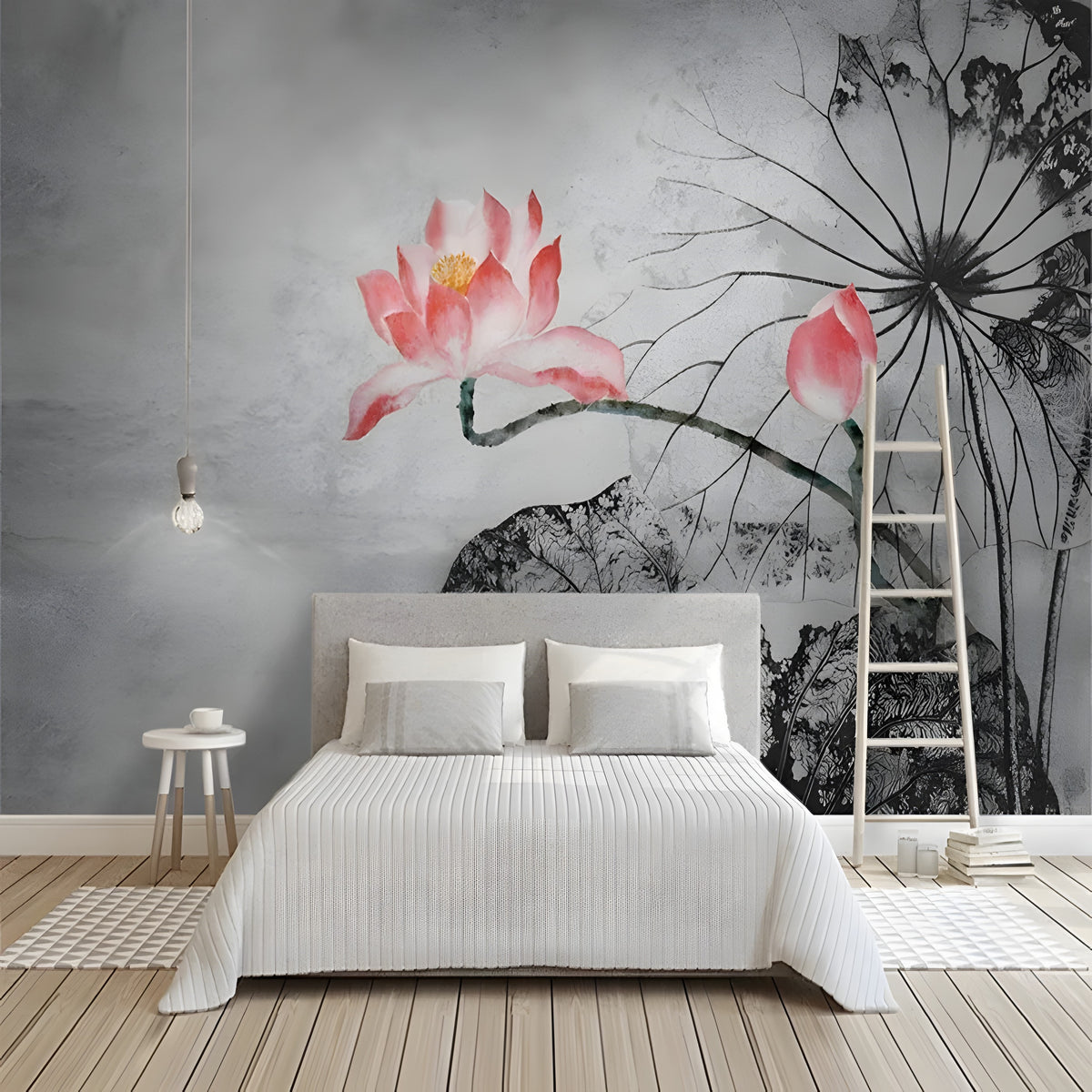 Papier peint panoramique lotus rose à l'encre grise derrière un lit blanc