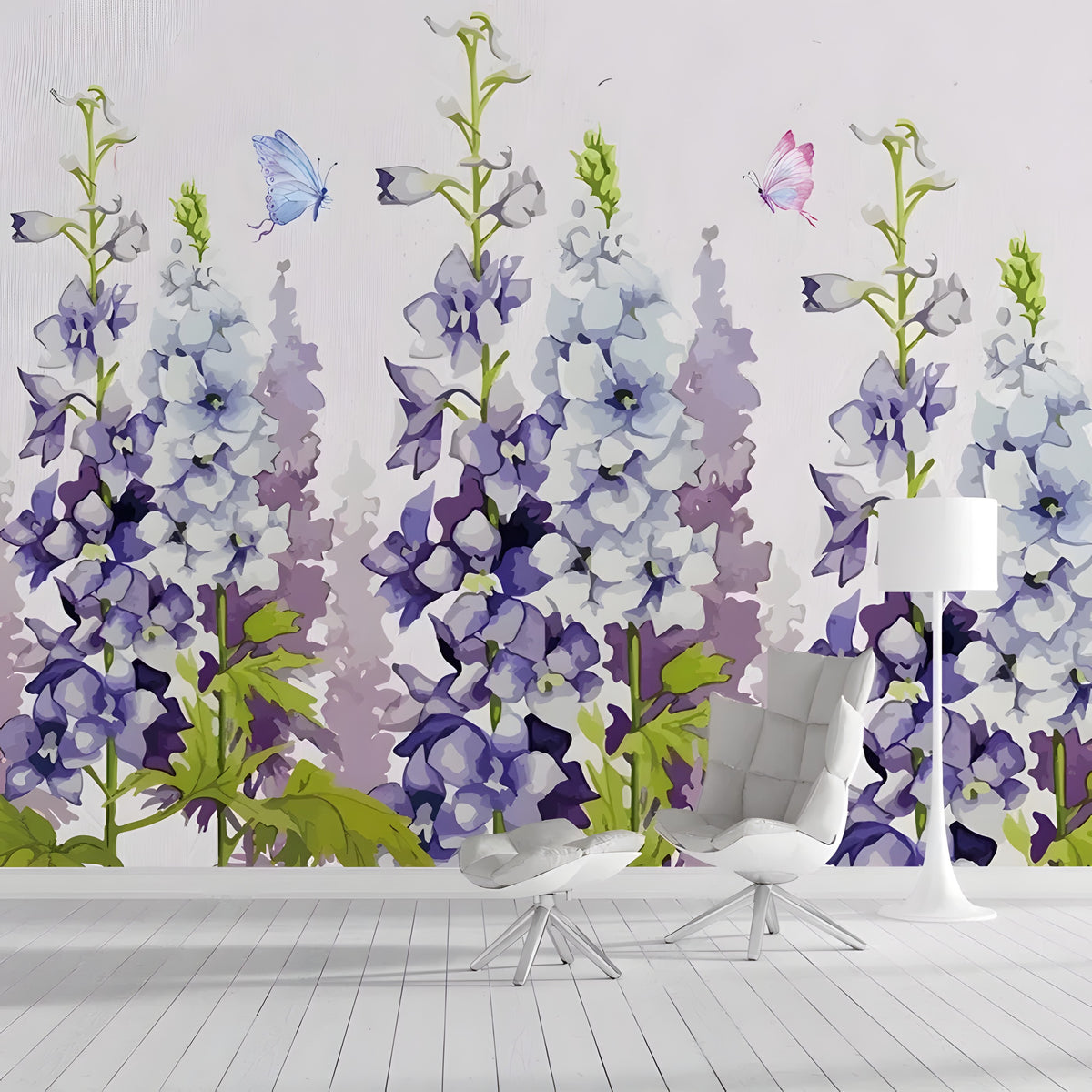 Papier peint panoramique de delphiniums violets et papillons dans un salon clair
