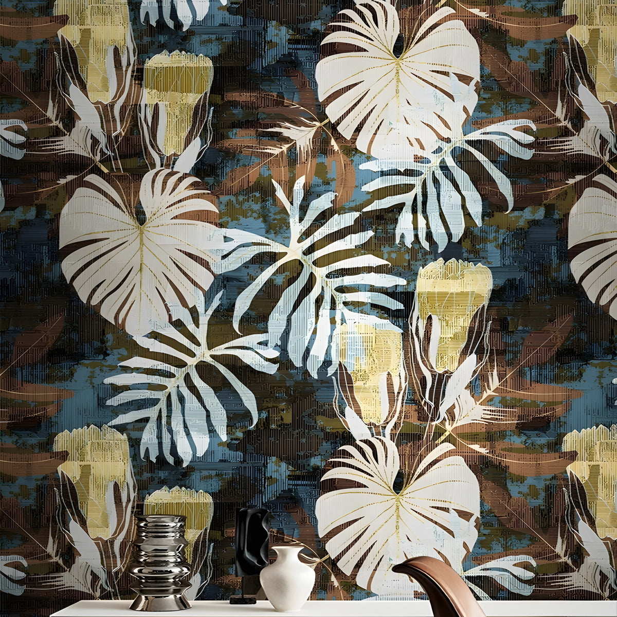 Papier peint à grandes feuilles tropicales blanches sur fond bleu, brun et doré