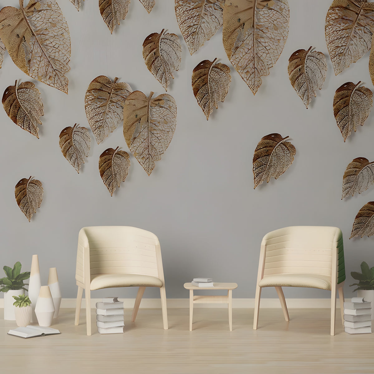 Papier peint panoramique de grandes feuilles dorées nervurées sur fond gris, salon clair