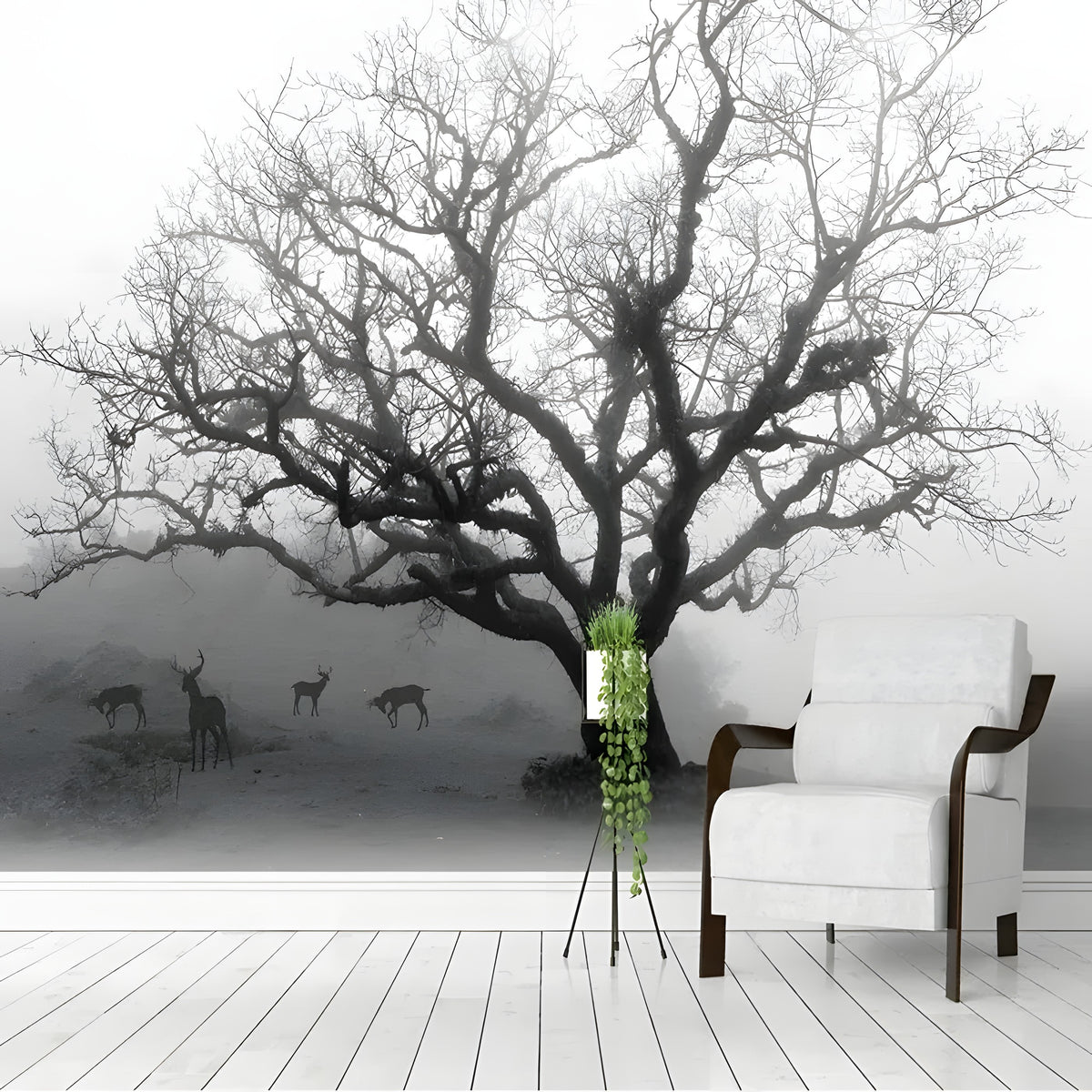 Papier peint noir et blanc, grand arbre nu et cerfs dans la brume, salon