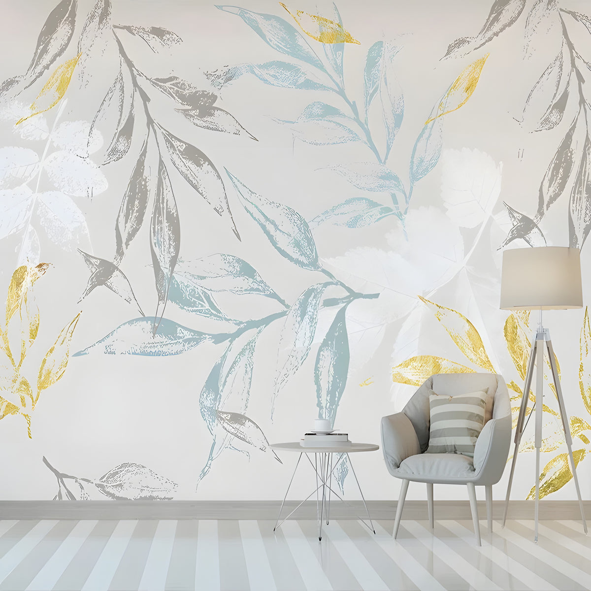 Papier peint panoramique feuillages bleus, gris et dorés dans un salon clair