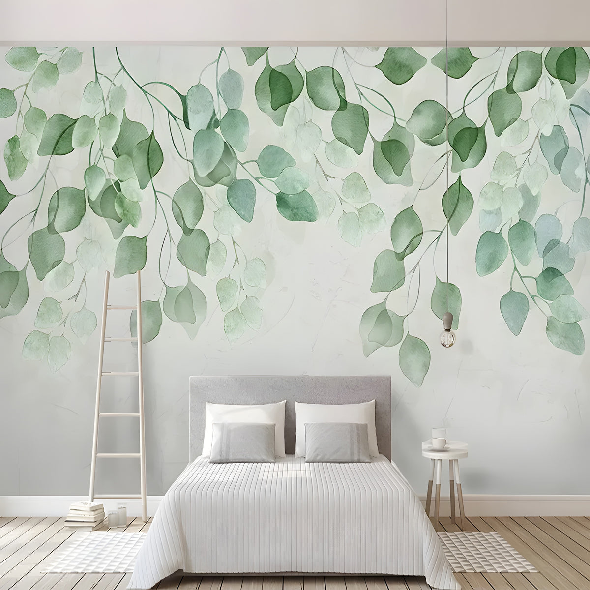 Chambre avec papier peint panoramique de feuilles vertes aquarelle suspendues sur fond crème