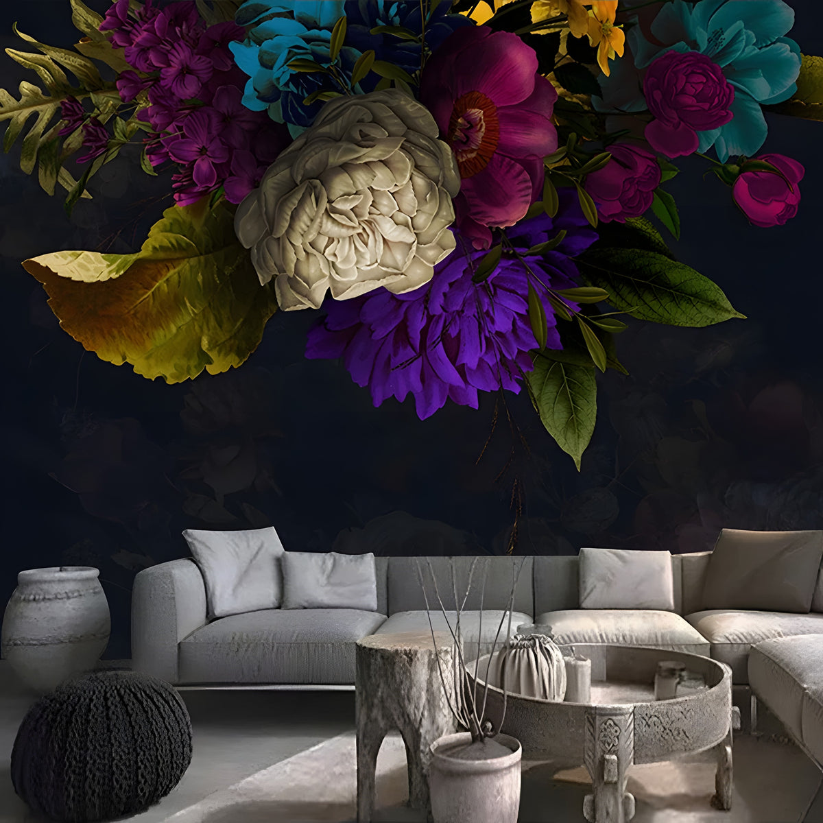 Papier peint panoramique fleuri, bouquet coloré sur fond noir dans un salon