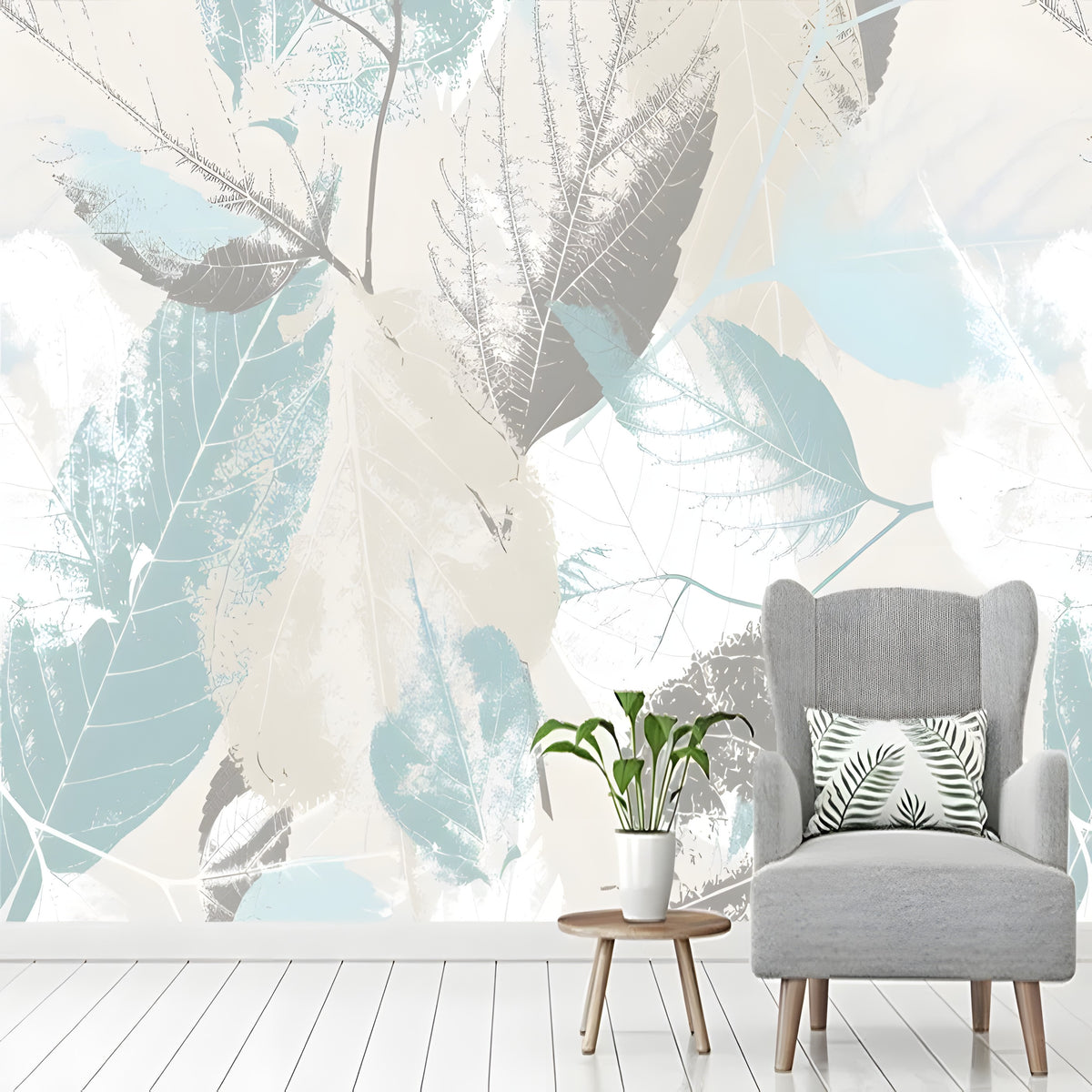 Papier peint panoramique de grandes feuilles bleu pastel et beige dans un salon