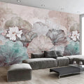 Papier peint panoramique lotus aquarelle rose et gris dans un salon contemporain