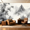 Papier peint panoramique noir et blanc, bambous et montagnes à l'encre dans un salon bureau