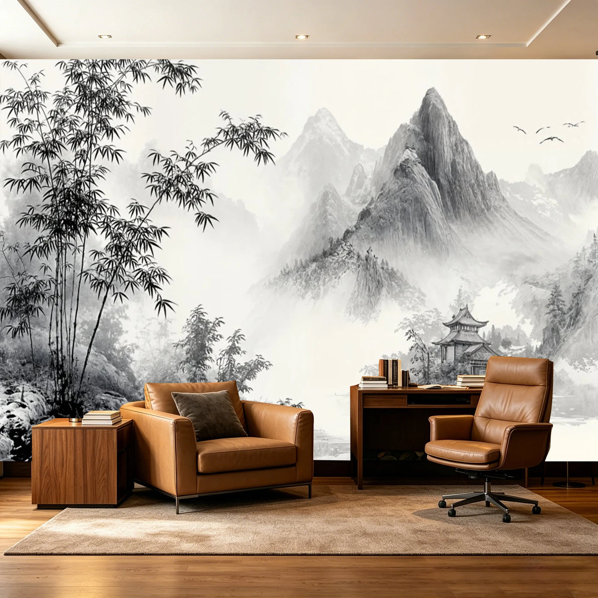 Papier peint panoramique noir et blanc, bambous et montagnes à l'encre dans un salon bureau
