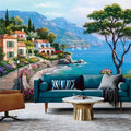 Papier peint panoramique d'un village méditerranéen au bord d'une mer turquoise, salon bleu
