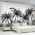 Papier peint panoramique de cocotiers noir et blanc dans une chambre lumineuse