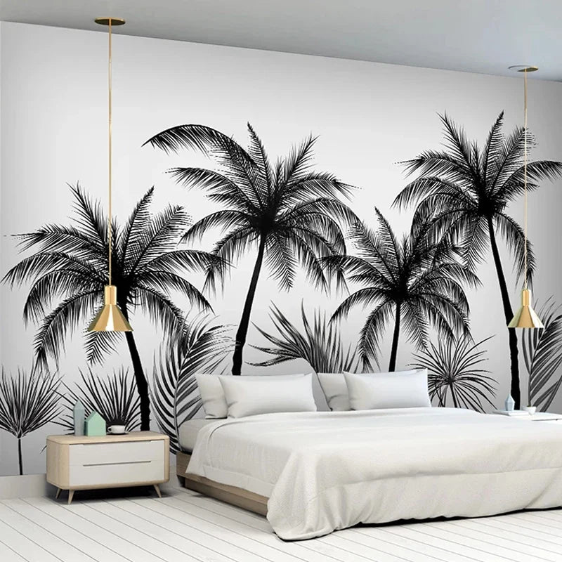 Papier peint panoramique de cocotiers noir et blanc dans une chambre lumineuse