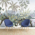 Papier peint panoramique tropical avec palmiers et feuillage vert dans un salon