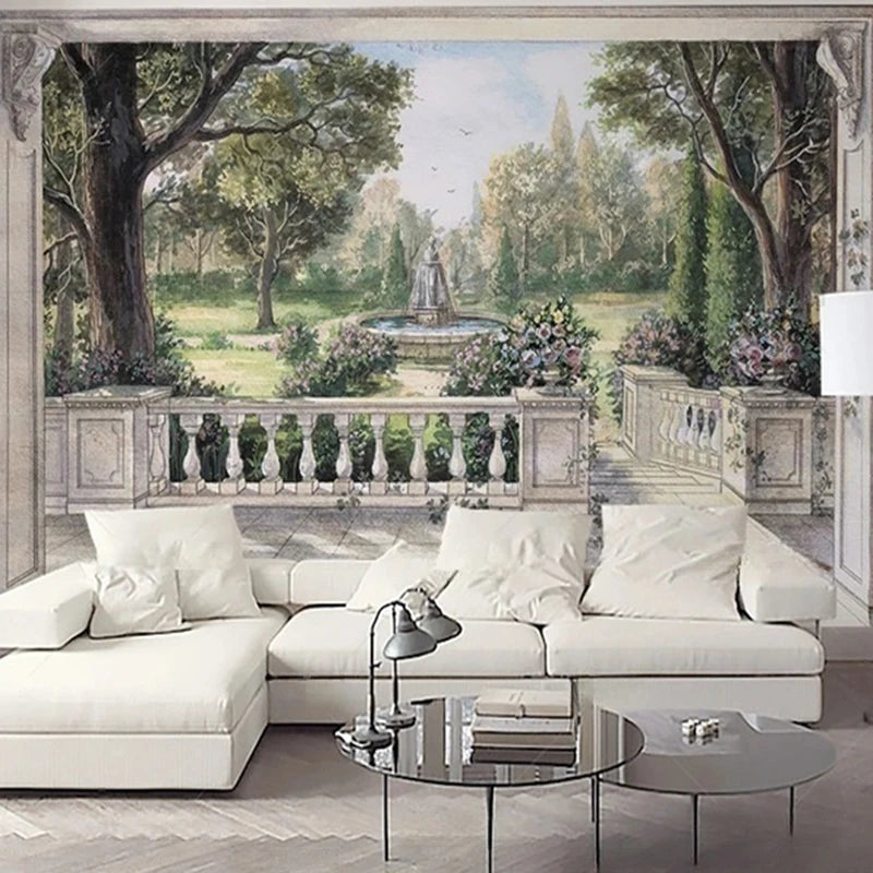 Papier peint panoramique d'un jardin à l'italienne avec fontaine, balustrade et arbres