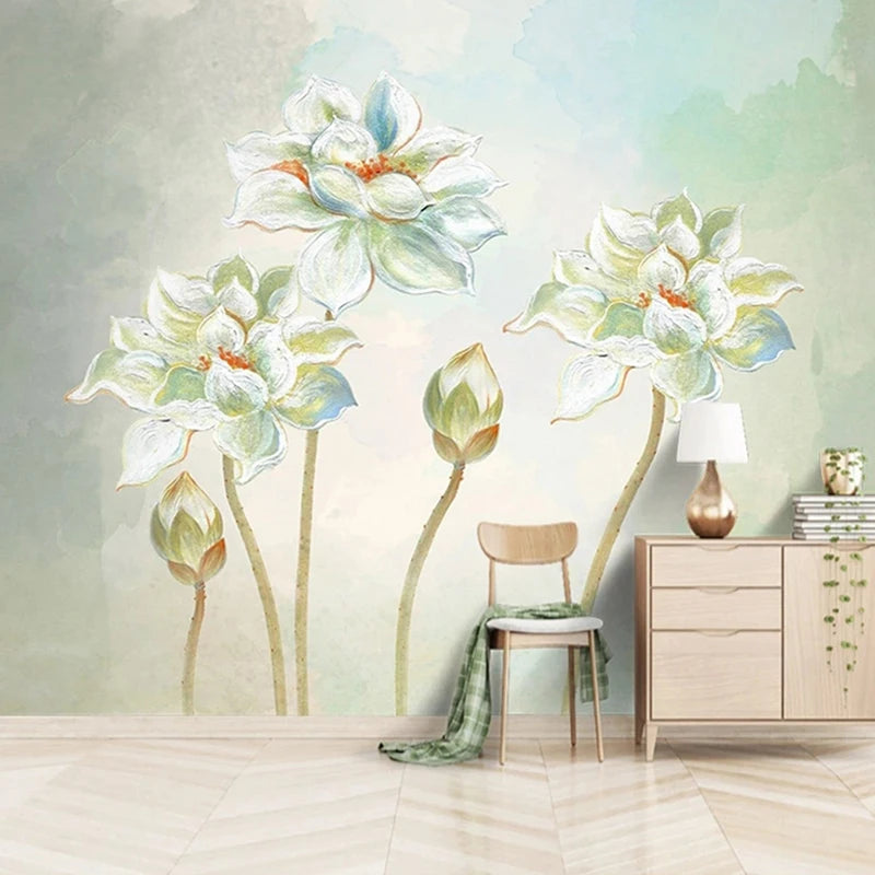 Papier peint panoramique de grands lotus crème et vert d'eau peints à l'aquarelle