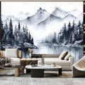 Papier peint panoramique montagne et forêt à l'encre noire dans un salon clair