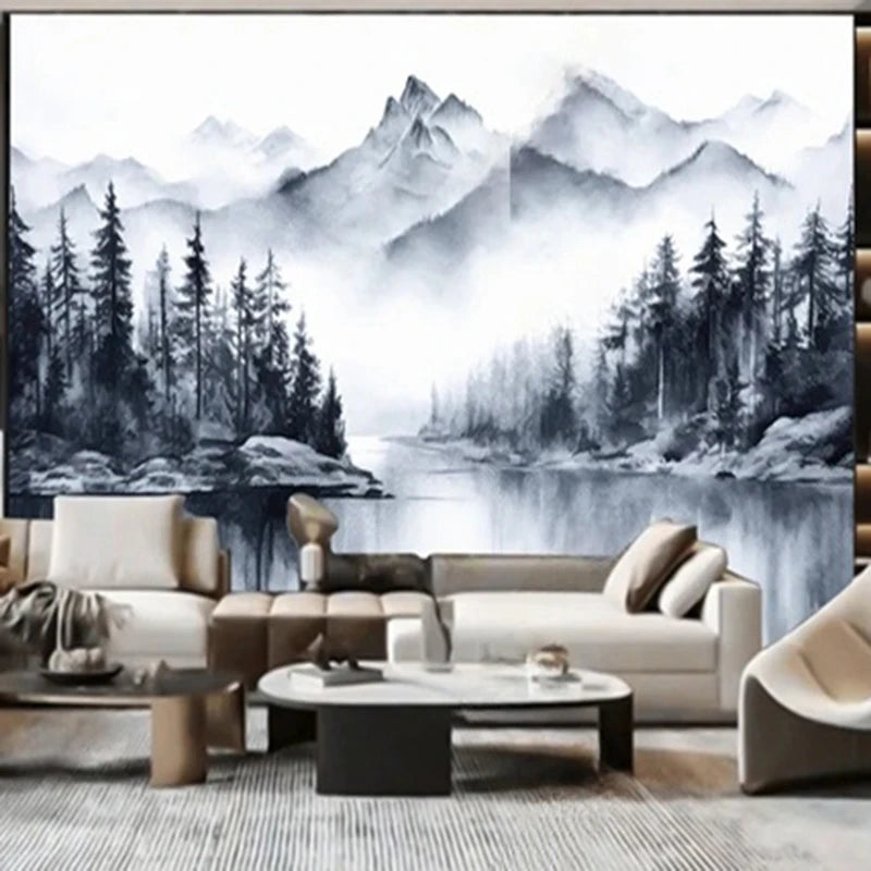 Papier peint panoramique montagne et forêt à l'encre noire dans un salon clair