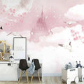 Papier peint panoramique château rose dans les nuages avec oiseaux, chambre d'enfant
