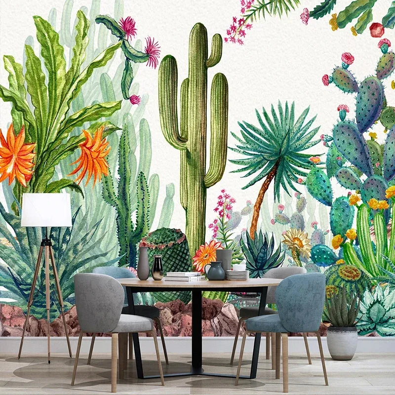 Mur de salle à manger orné de cactus et succulentes peints à l'aquarelle
