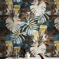 Papier peint à grandes feuilles tropicales blanches sur fond bleu, brun et doré