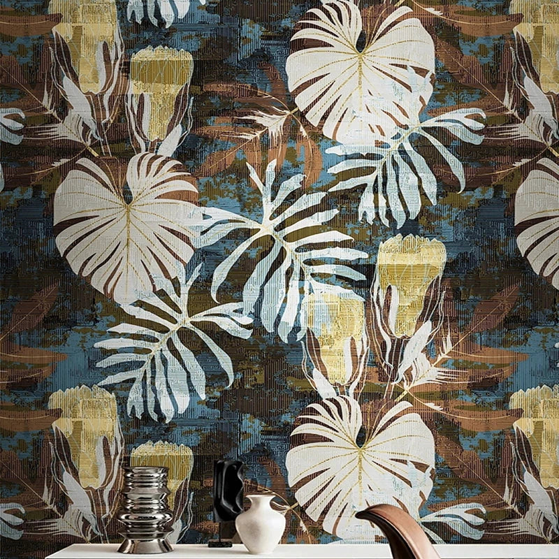 Papier peint à grandes feuilles tropicales blanches sur fond bleu, brun et doré