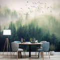 Papier peint panoramique forêt de pins verte dans la brume avec oiseaux, salle à manger