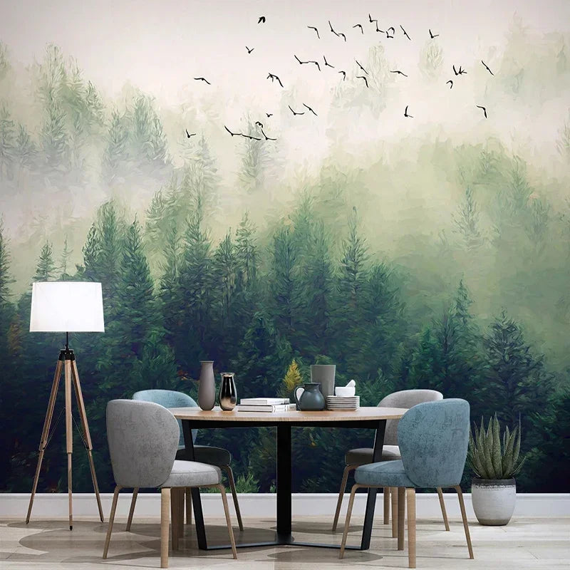 Papier peint panoramique forêt de pins verte dans la brume avec oiseaux, salle à manger