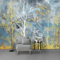 Décor mural forêt peinte bleue avec arbres dorés, oiseaux et cerf blanc