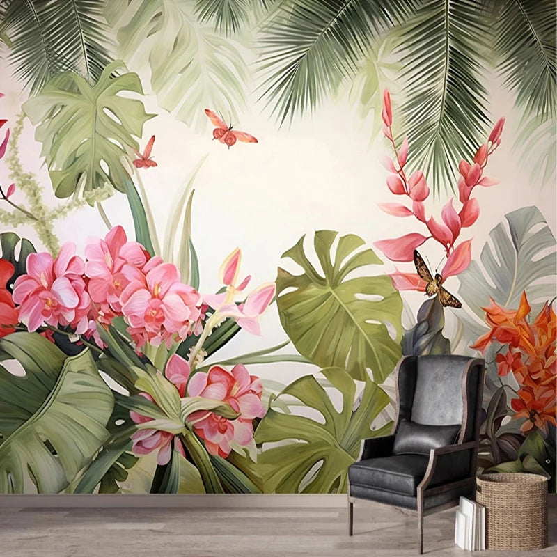 Papier peint panoramique jungle tropicale, feuilles vertes et fleurs roses, fauteuil noir