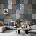 Mur de salon orné d'un motif géométrique d'arches bleu, gris et beige