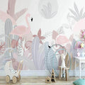 Panoramique de flamants roses et feuillage tropical pastel dans une chambre d'enfant