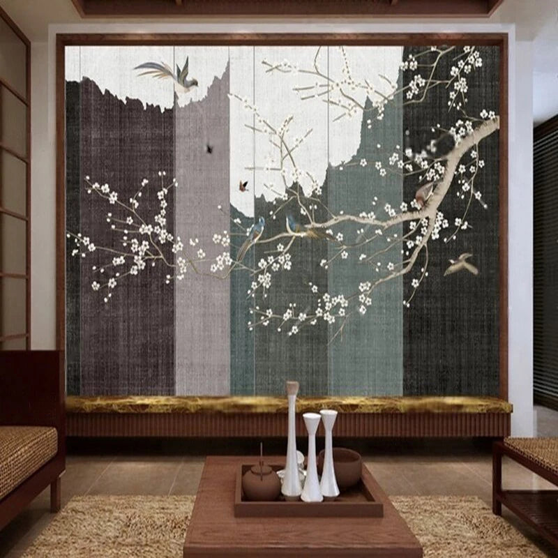 Papier peint panoramique japonais avec branches fleuries blanches et oiseaux sur fond gris