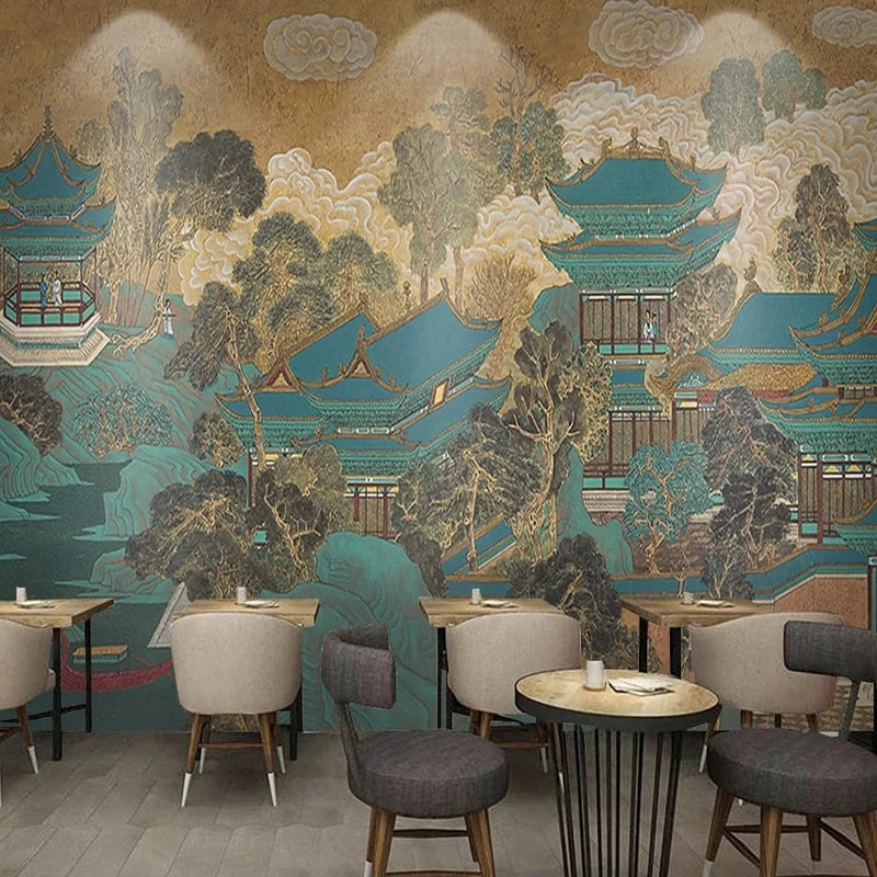 Fresque murale de temples asiatiques verts et dorés dans une salle à manger