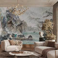 Papier peint panoramique montagnes à l'encre et lac dans un salon beige