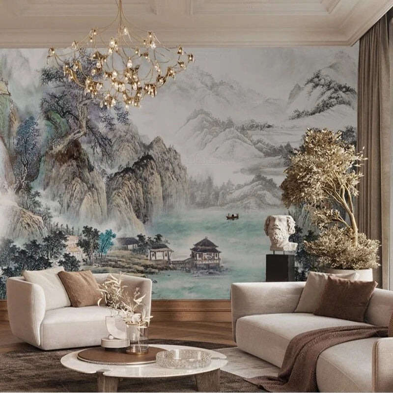 Papier peint panoramique montagnes à l'encre et lac dans un salon beige