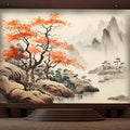 Fresque murale japonaise avec érable rouge, rivière et montagnes brumeuses à l'encre
