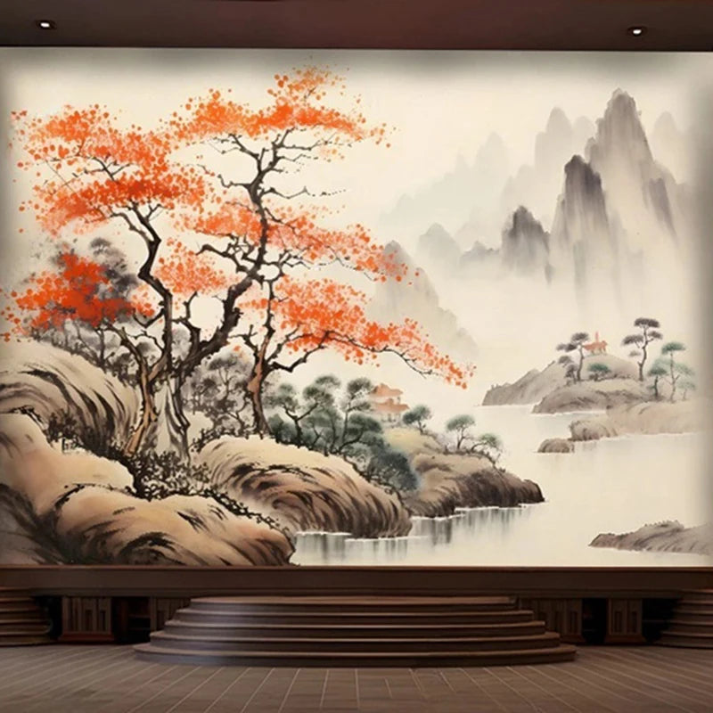 Fresque murale japonaise avec érable rouge, rivière et montagnes brumeuses à l'encre
