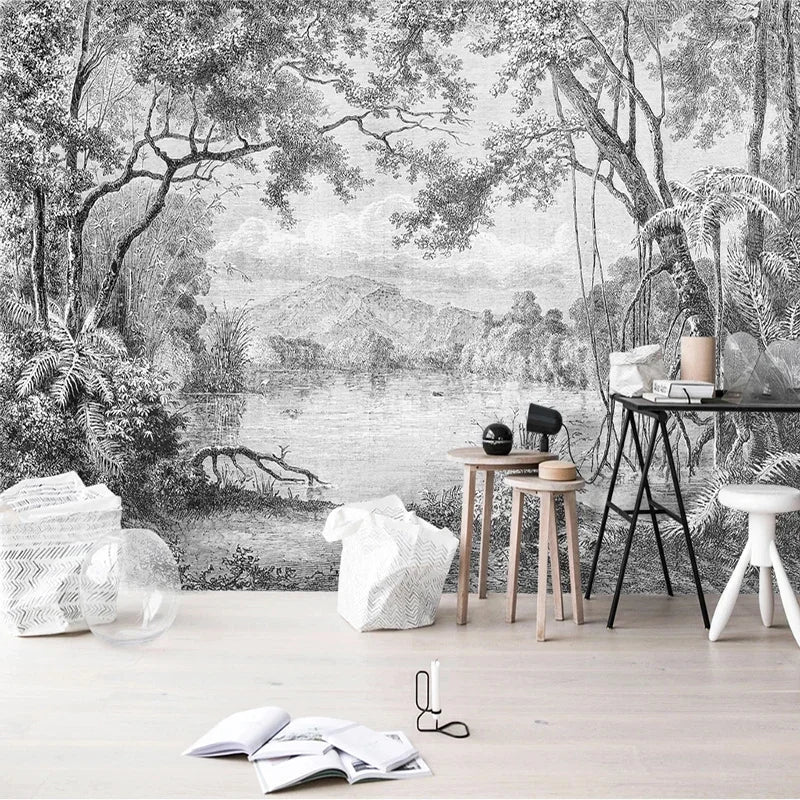 Panoramique noir et blanc, forêt gravée, lac et montagne dans un salon