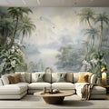 Papier peint panoramique jungle tropicale avec lagune et palmiers dans un salon
