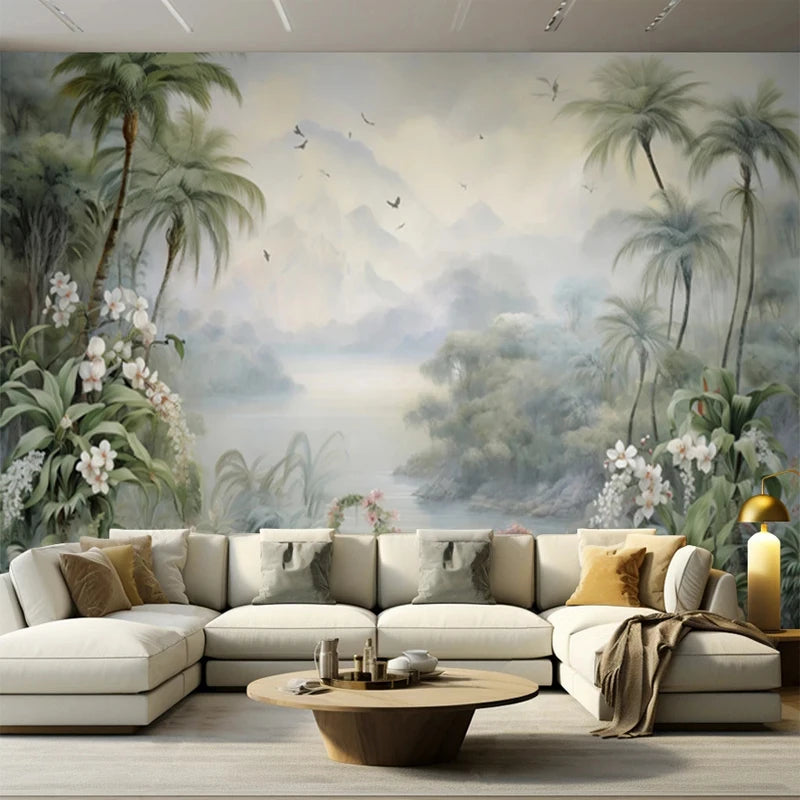 Papier peint panoramique jungle tropicale avec lagune et palmiers dans un salon