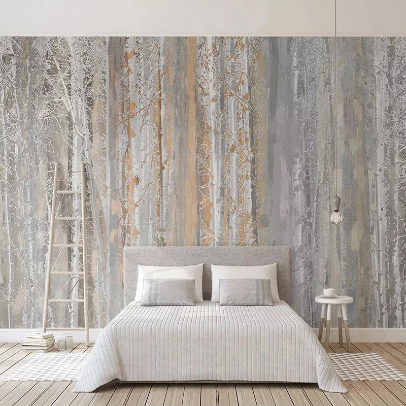 Chambre avec papier peint panoramique forêt de bouleaux gris, beige et terracotta