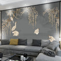Papier peint panoramique hérons blancs et glycine dorée sur fond gris, salon