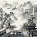 Paysage de montagnes à l'encre noire avec grues et cascade dans un salon