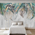 Papier peint panoramique feuillage tropical et oiseaux vert et gris dans une chambre