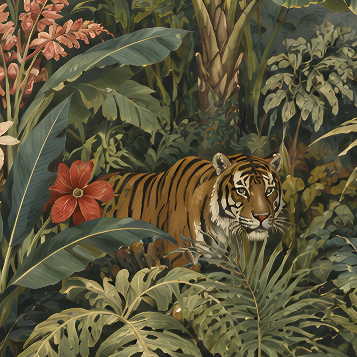 Détail du papier peint jungle : tigre caché dans les feuillages et fleur rouge